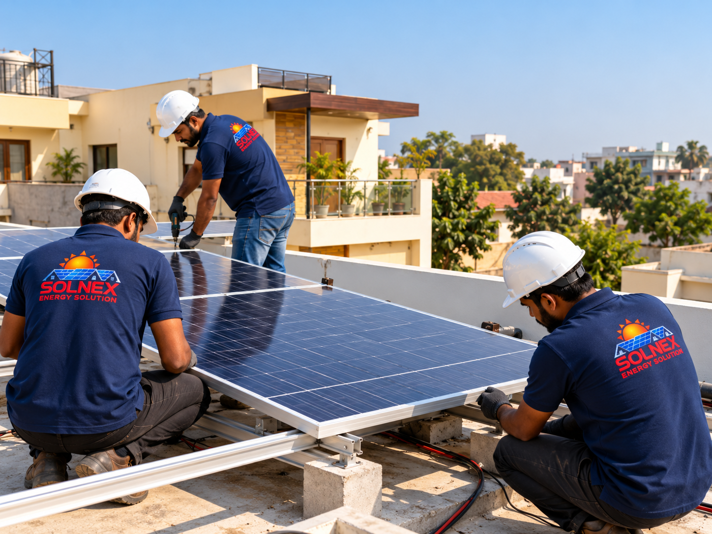 Modern Indian home with solar panels on the rooftop
